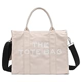 UKETO Canvas Tote Bags for Women, Shoulder Bag, Women Handbag, Tote Purse with Zipper Canvas Crossbody Bag for Office, Travel, School, beige, 320 * 260 * 150mm, handle height 12.5cm