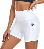 ACTINPUT Radlerhose Damen mit Taschen High Waist Yoga Shorts Kurze Leggings Blickdicht Sporthose Hotpants(Weiß，M)