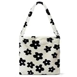 KALIDI Plüsch Handtasche mit Reißverschluss Niedlich Flauschige Crossbody Bag Damen Schultertasche für Uni Mädchen, Schwarze Blumen