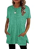 Damen T-Shirt Kurzarm Shirts mit Taschen Tunika Tops, Grün, L