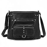 KL928 umhängetasche damen kleine handtasche PU Leder Crossbody Bag mit vielen fächern für frauen (BLACK)