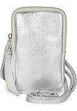 styleBREAKER Damen Leder Handy Umhängetasche mit genarbter Oberfläche, Reißverschluss, Echtleder Mini Bag 02012374, Farbe:Silber