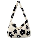 holygloomy Plüsch Handtasche, modische Pelzige-Umhängetasche, flauschige Plüschhandtaschen mit großem Fassungsvermögen, lässige Taschen weibliche Einkaufstasche, Weiße Schwarze Blumen