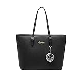 Handtasche Damen Schwarz Shopper Elegant Damen Groß Leder Handtasche Tasche für Büro Schule Einkauf mit Pelz Kugel Plüsch Schlüsselring (Verbesserte Version) (Schwarz)