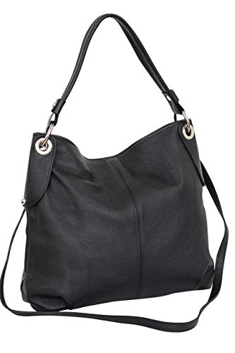 AMBRA Moda Damen echt Ledertasche Handtasche Schultertasche Beutel Shopper Umhängtasche GL012 (Schwarz)