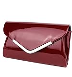 Schompi Vintage Damen Lack-Tasche Abendtasche Clutch Bag mit abnehmbarer Schulterkette Kettentasche, Farbe:Bordeaux