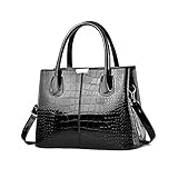 NICOLE & DORIS Handtaschen Damen Mode Krokoprägung Henkeltasche Lackleder Handtasche Shopper Umhängetaschen Damentasche mit Reißverschluss Schwarz