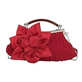 MEGAUK Damen Elegante Handtasche Blumen Clutch Satin Abendtasche Henkeltasche Crossbody Bag mit Kette Kisslock Design, Rot