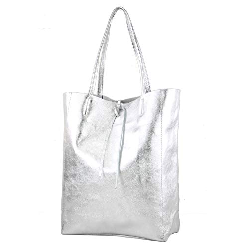 modamoda de - T163 - Ital. Shopper Large mit Innentasche aus Leder, Farbe:Silber-Metallic