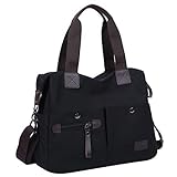 Eshow Damen Umhängetasche Handtasche Schultertasche Canvas Segeltuch mit Handgriff Anti diebstahl Fächern Schwarz zu Einkaufen spazieren