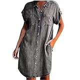 Jeanskleid für Damen Sommer Umlegekragen Kurzarm Hemdblusenkleid Einfarbiges, lockeres Etuikleid mit Taschen Knielanges Kleid Trendige Streetwear(XL,Grau)