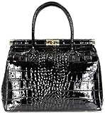 Belli The Bag XL italienische Leder Henkeltasche Handtasche Damen Ledertasche Umhängetasche in schwarz lack kroko - 34x25x16 cm (B x H x T)