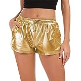 Minetom Damen Metallic Shiny Shorts Wet Look Tunnelzug Elastische Sport Gym Kurz Hosen Hotpants Mit Taschen Gold M