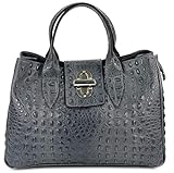 Belli Echt Leder Handtasche italienische Damen Ledertasche Umhängetasche Henkeltasche in grau kroko - 36x25x18 cm (B x H x T)